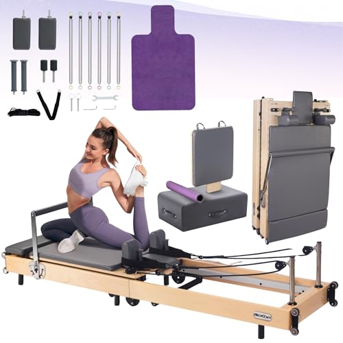 Foldable Wood Pilates Reformer with Sitting Box, Jump Board and Anti-Slip Mat Z5810