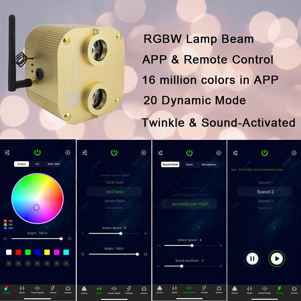 Bluetooth Fiber Optic Ceiling Lighting Kits 1100pcs 13.1ft Dual Port RGBW Sound Remote Control M818