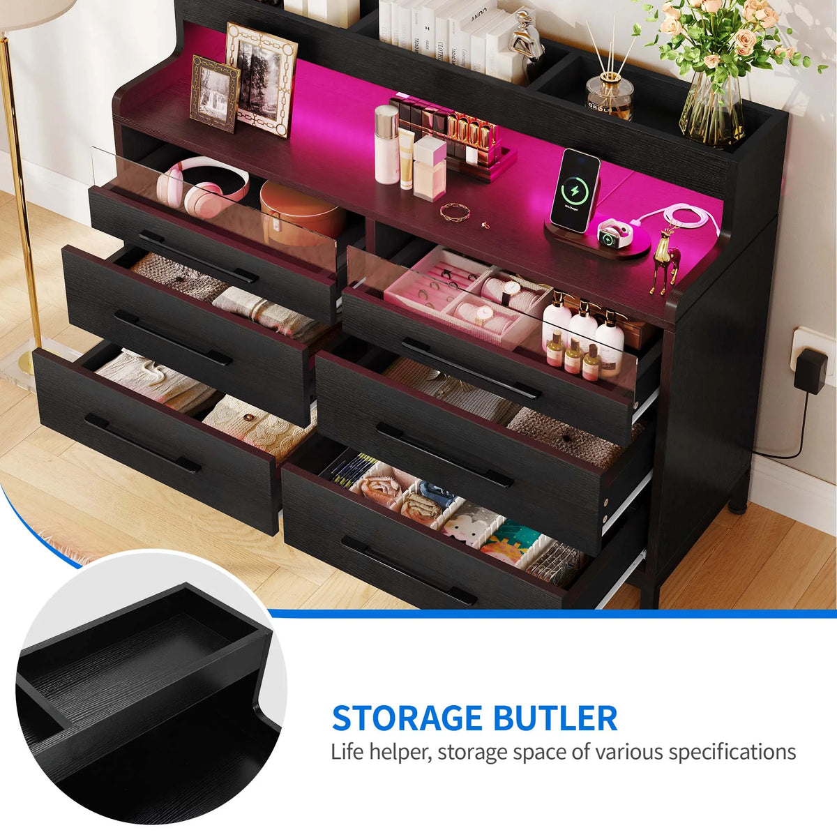 Black 6 Drawer Dresser with LED Light and Open Storage X295123