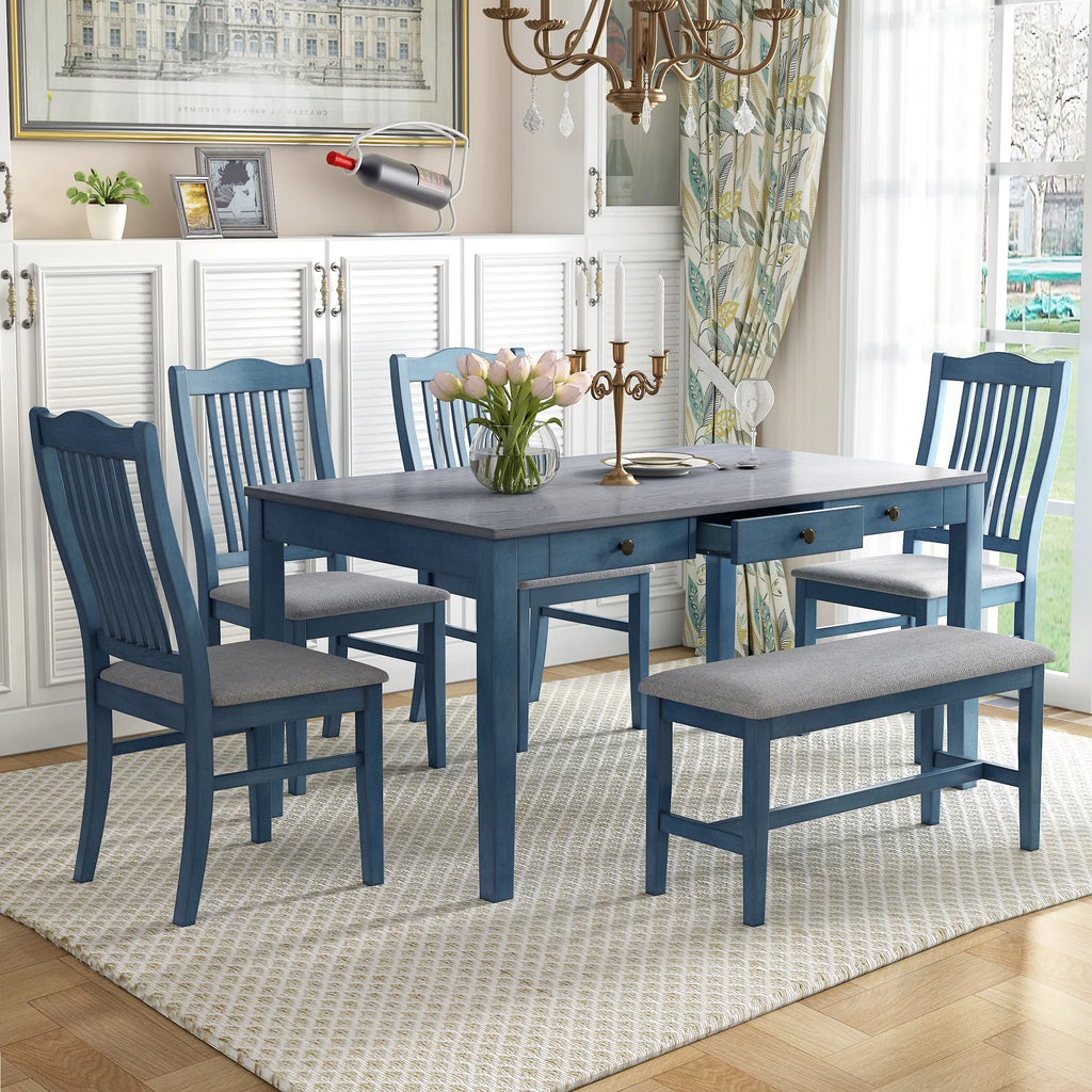 6 Piece Wood Dining Table Set with 4 Upholstered Chairs and Bench Y365404