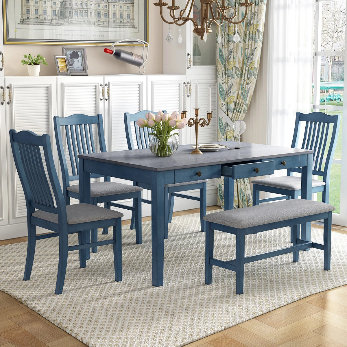 6 Piece Wood Dining Table Set with 4 Upholstered Chairs and Bench Y365404