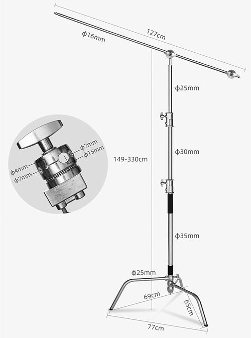 100% Stainless Steel Heavy Duty C Stand with Boom Arm, 2 Grip Head F24093