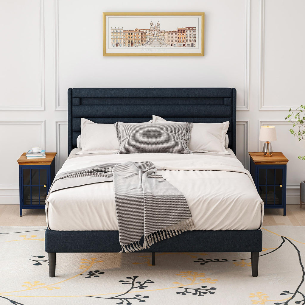 Nightstand with Storage Cabinet & Solid Wood Tabletop, Dark Blue N317