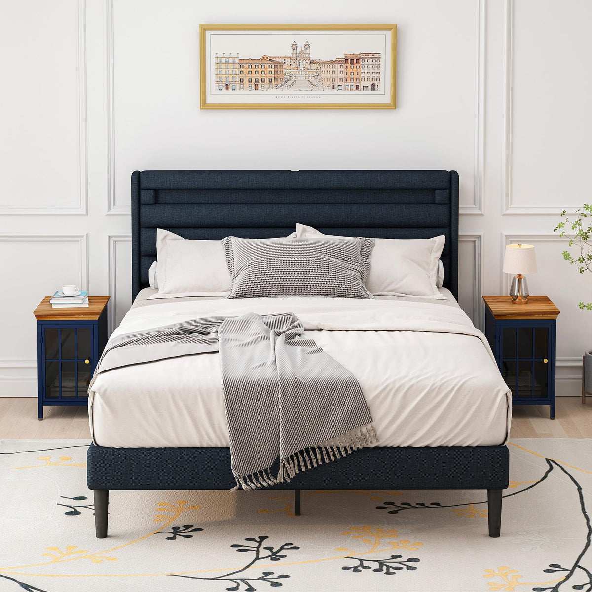 Nightstand with Storage Cabinet & Solid Wood Tabletop, Dark Blue N317