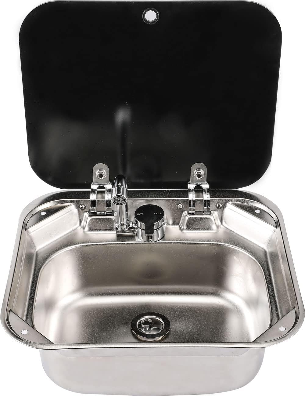 RV Kitchen Sink Stainless Steel Hand Wash Basin with Folded Faucet Tempered Glass Lid D948429
