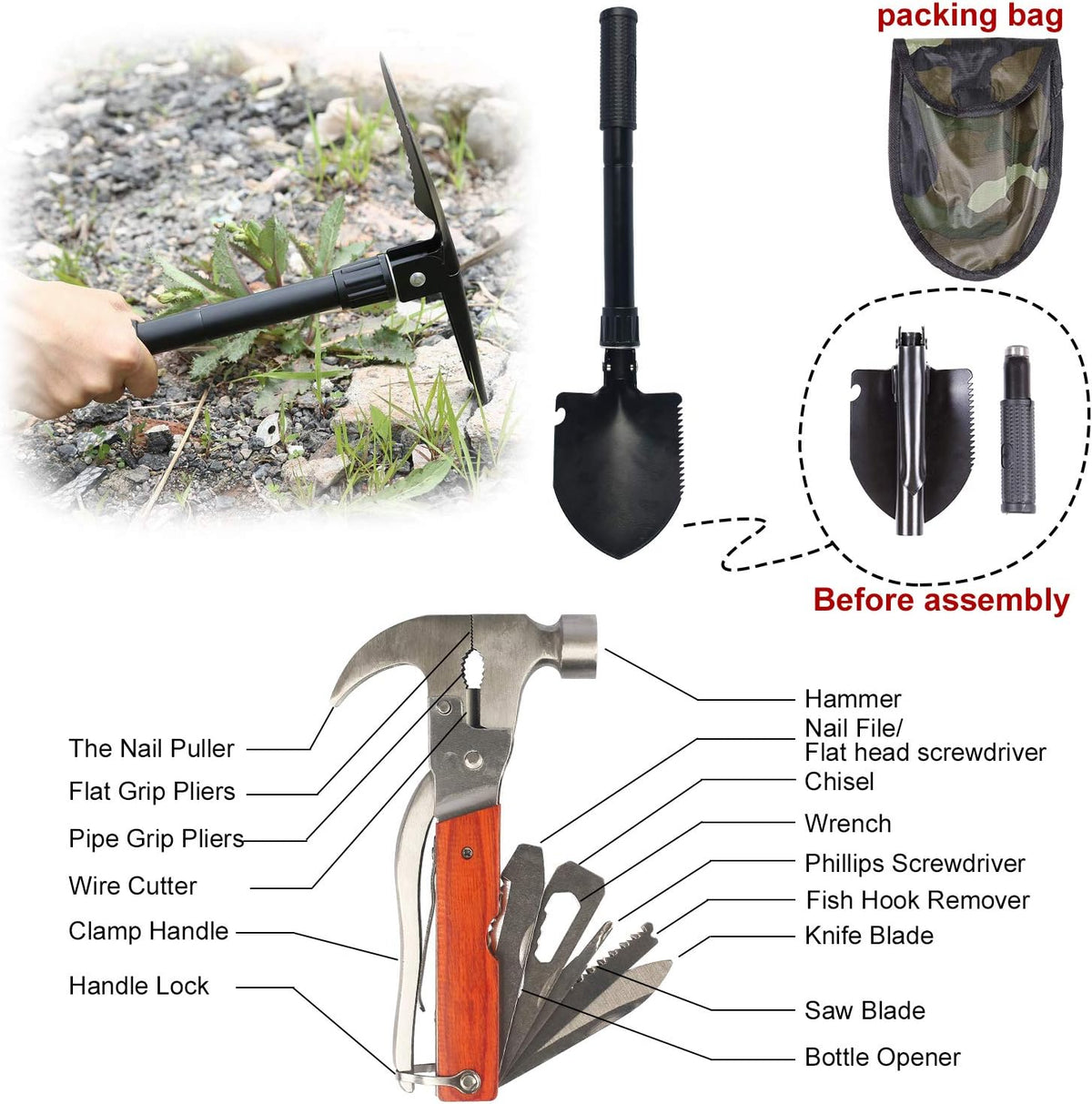118-Piece Car Roadside Emergency Kit with Jumper Cables Portable Air Compressor Tow Strap Hammer Shovel V6267