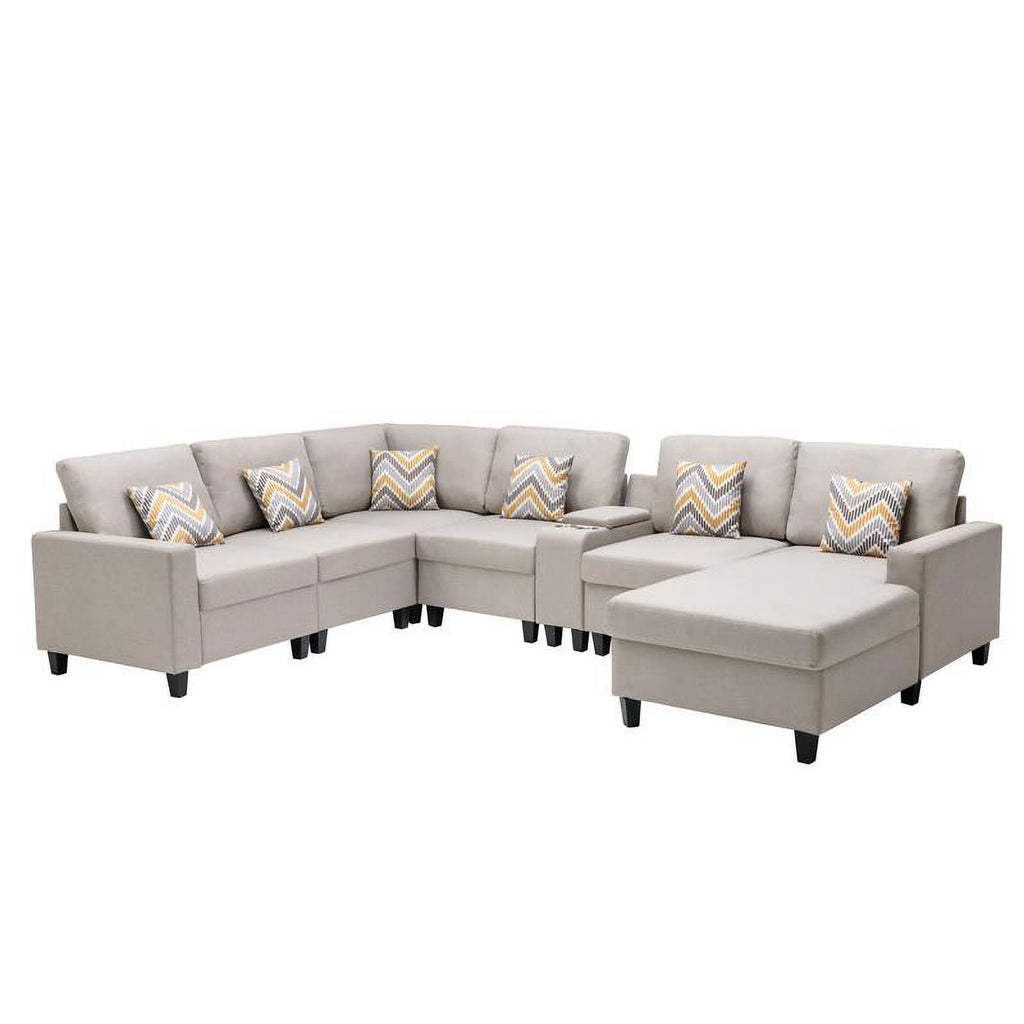 Beige Fabric Reversible Sectional with Charging Port and Storage Console K1197
