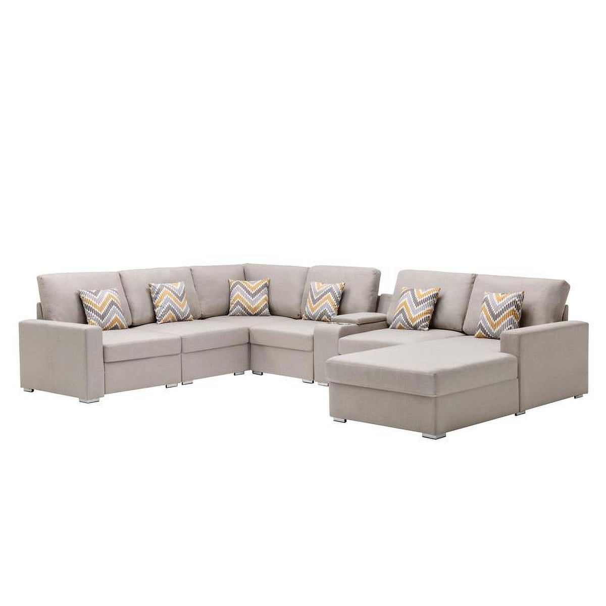 Beige Fabric Reversible Sectional with Charging Port and Storage Console K1197