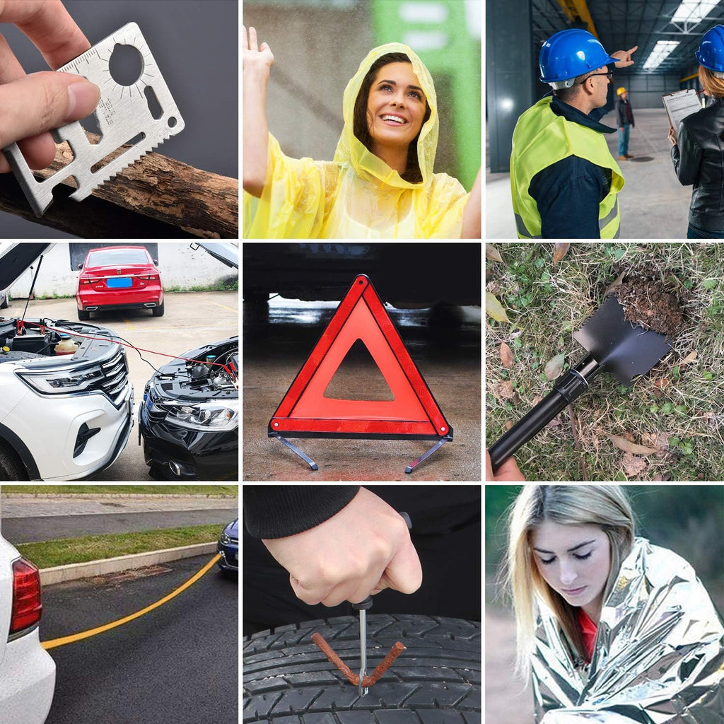 118-Piece Car Roadside Emergency Kit with Jumper Cables Portable Air Compressor Tow Strap Hammer Shovel V6267
