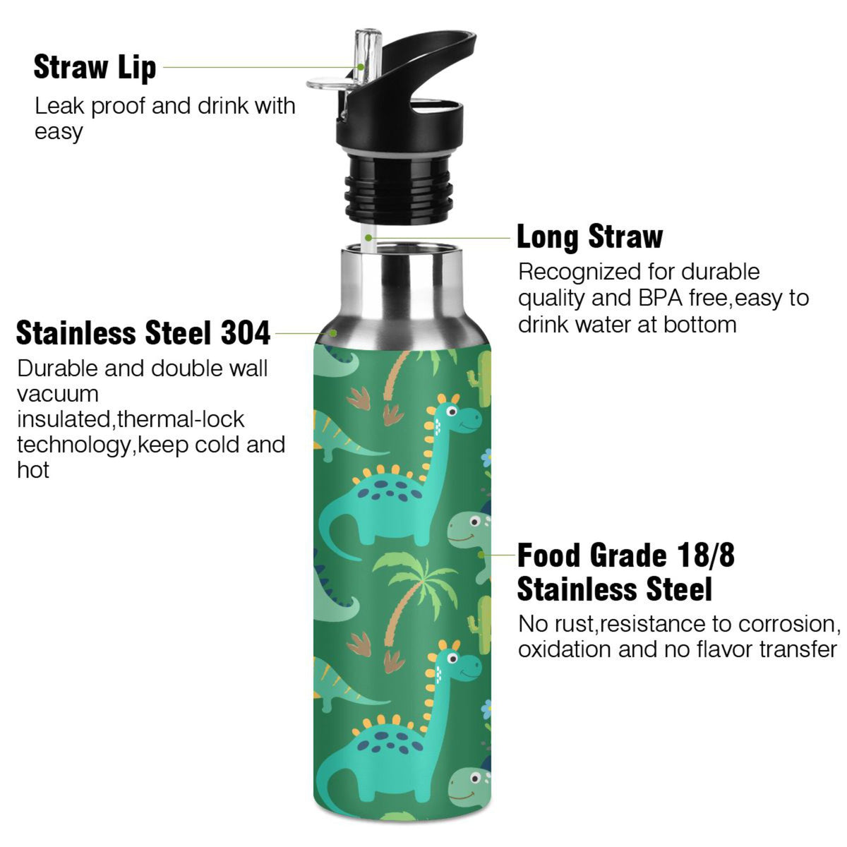 Dinosaur Green Stainless Steel Insulated Water Bottle with Straw Lid P186598