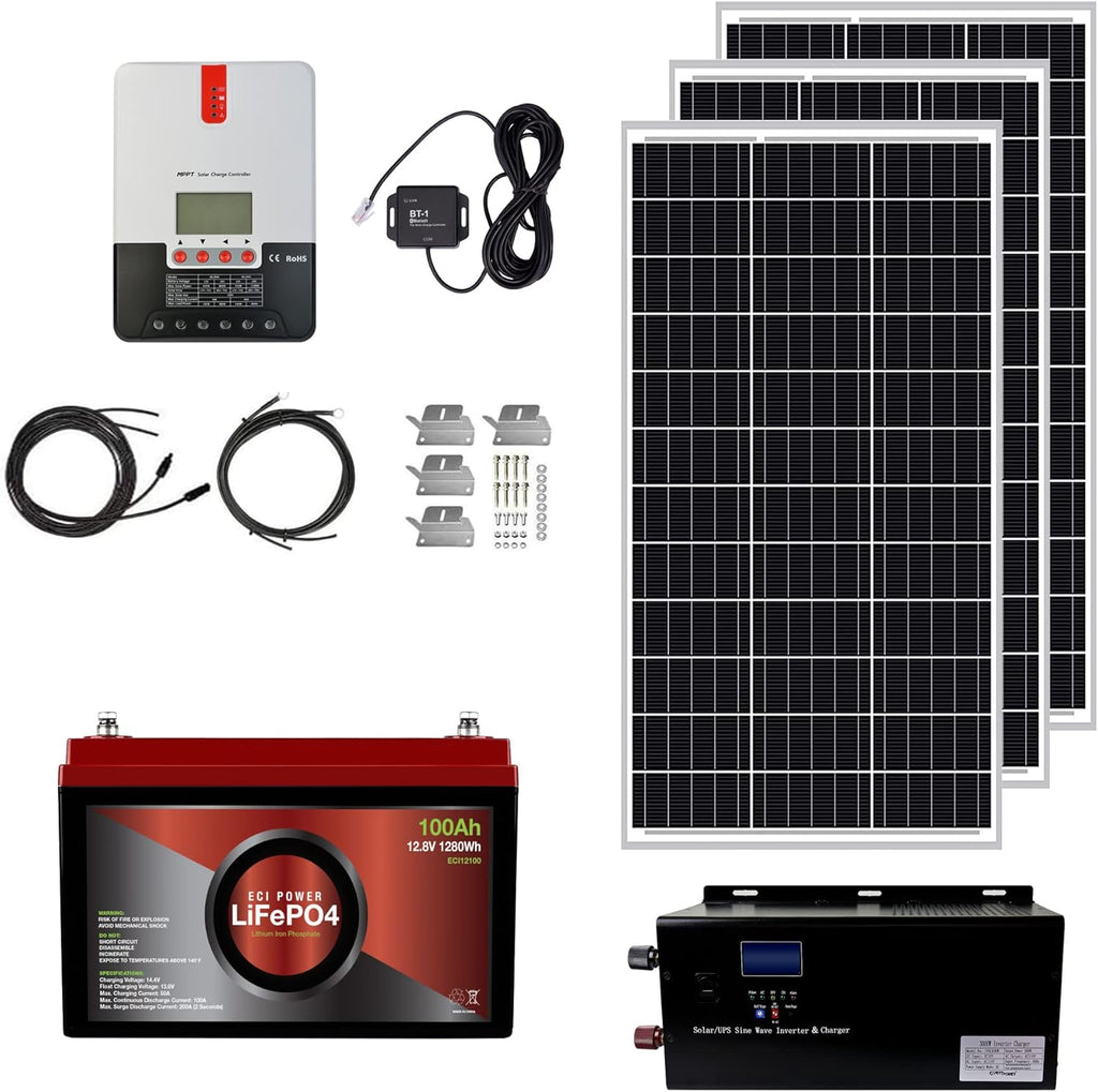 1.3KWH 12V Solar Power System Kit with 300W Mono Solar Panels, 30A MPPT Charge Controller, 2KW Pure Sine Wave Inverter H25848