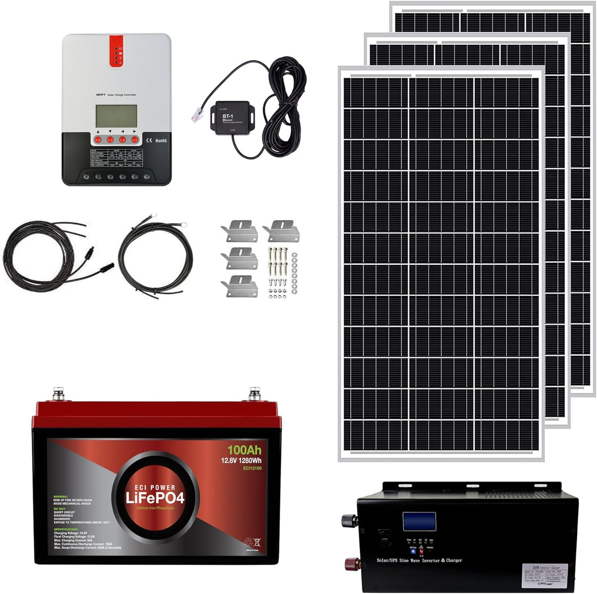 1.3KWH 12V Solar Power System Kit with 300W Mono Solar Panels, 30A MPPT Charge Controller, 2KW Pure Sine Wave Inverter H25848
