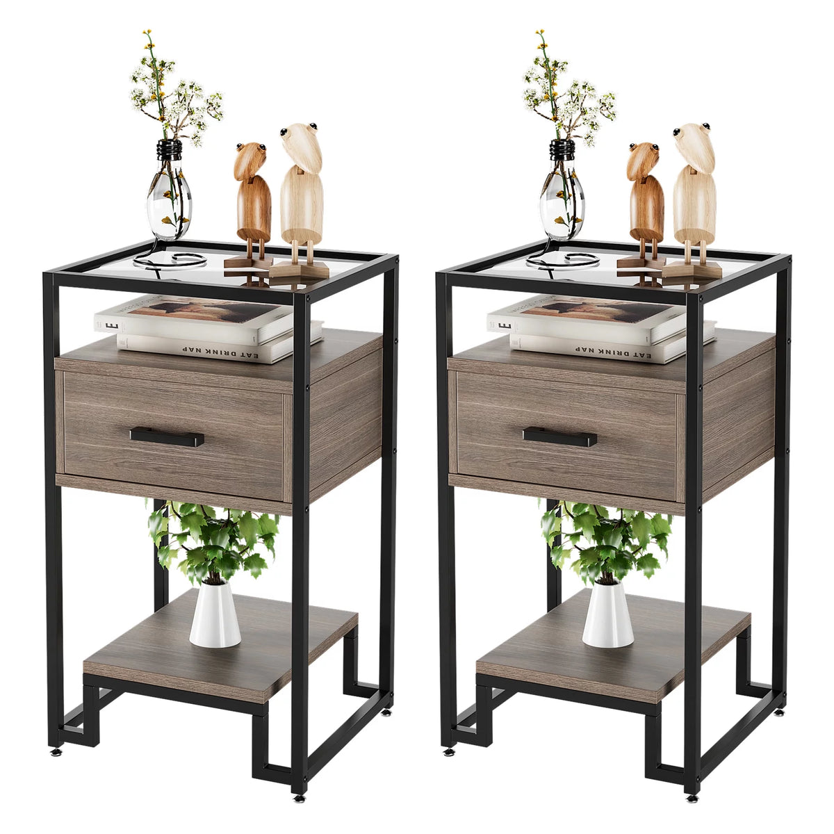 Black and Rustic Brown 2PCS Nightstand with Storage Drawer and 3-Tier Storage Z230877