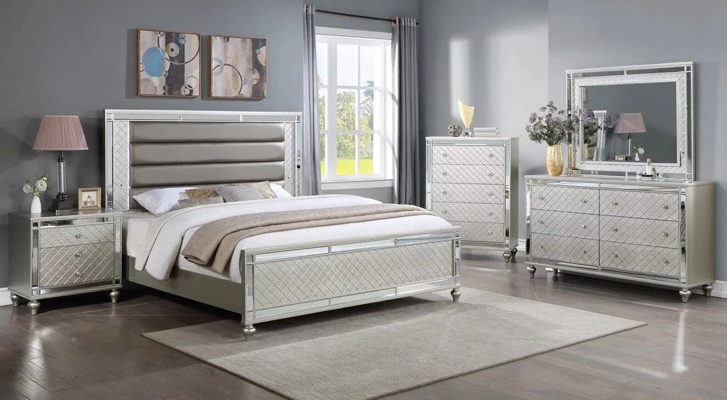 6pc Queen Size Upholstery LED Bed Dresser Mirror Nightstand Chest Wooden Bedroom Furniture Set W6197