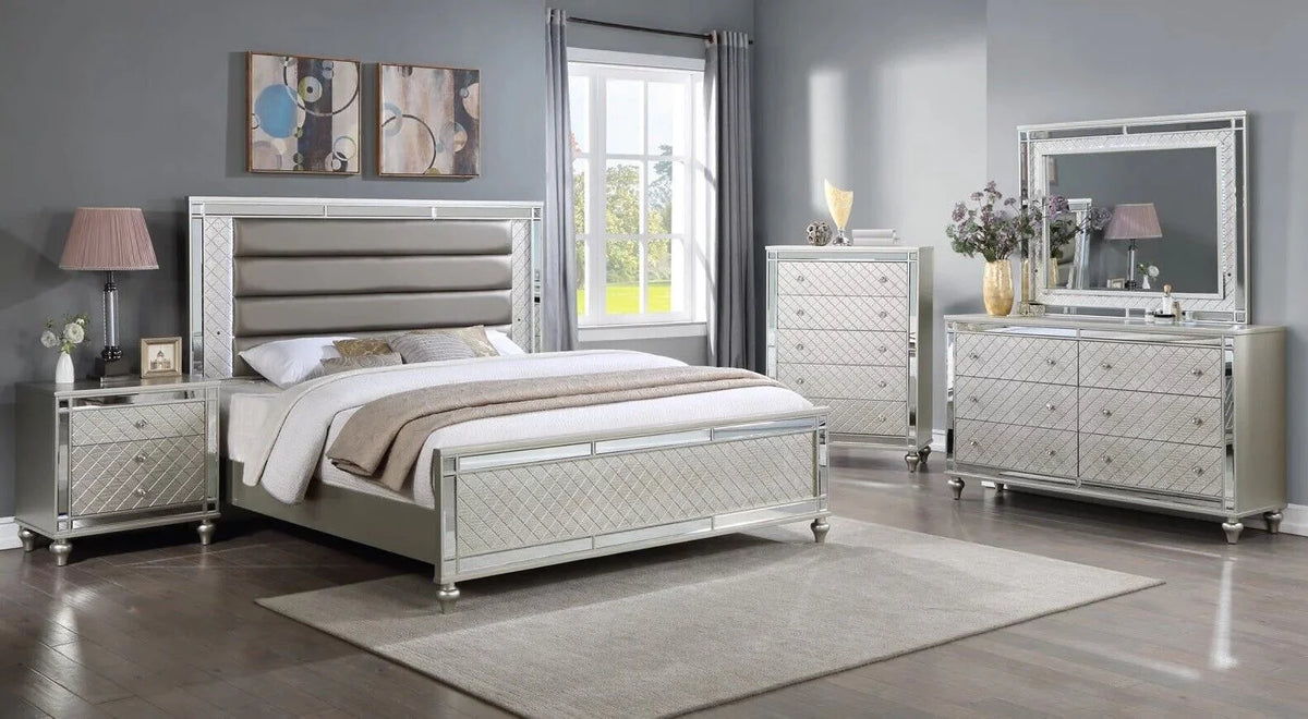6pc Queen Size Upholstery LED Bed Dresser Mirror Nightstand Chest Wooden Bedroom Furniture Set W6197