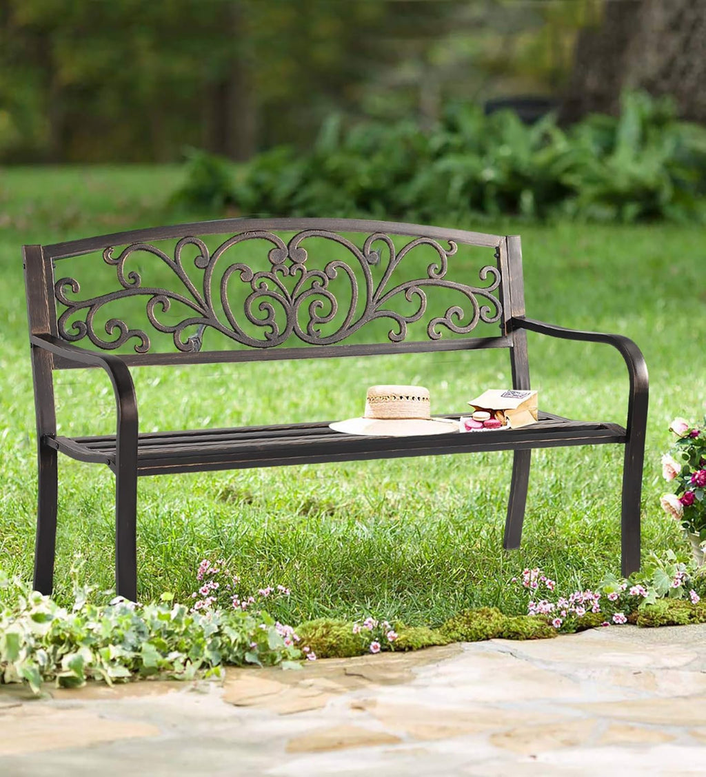 Cast Iron Metal Patio Bench with Armrests E5096