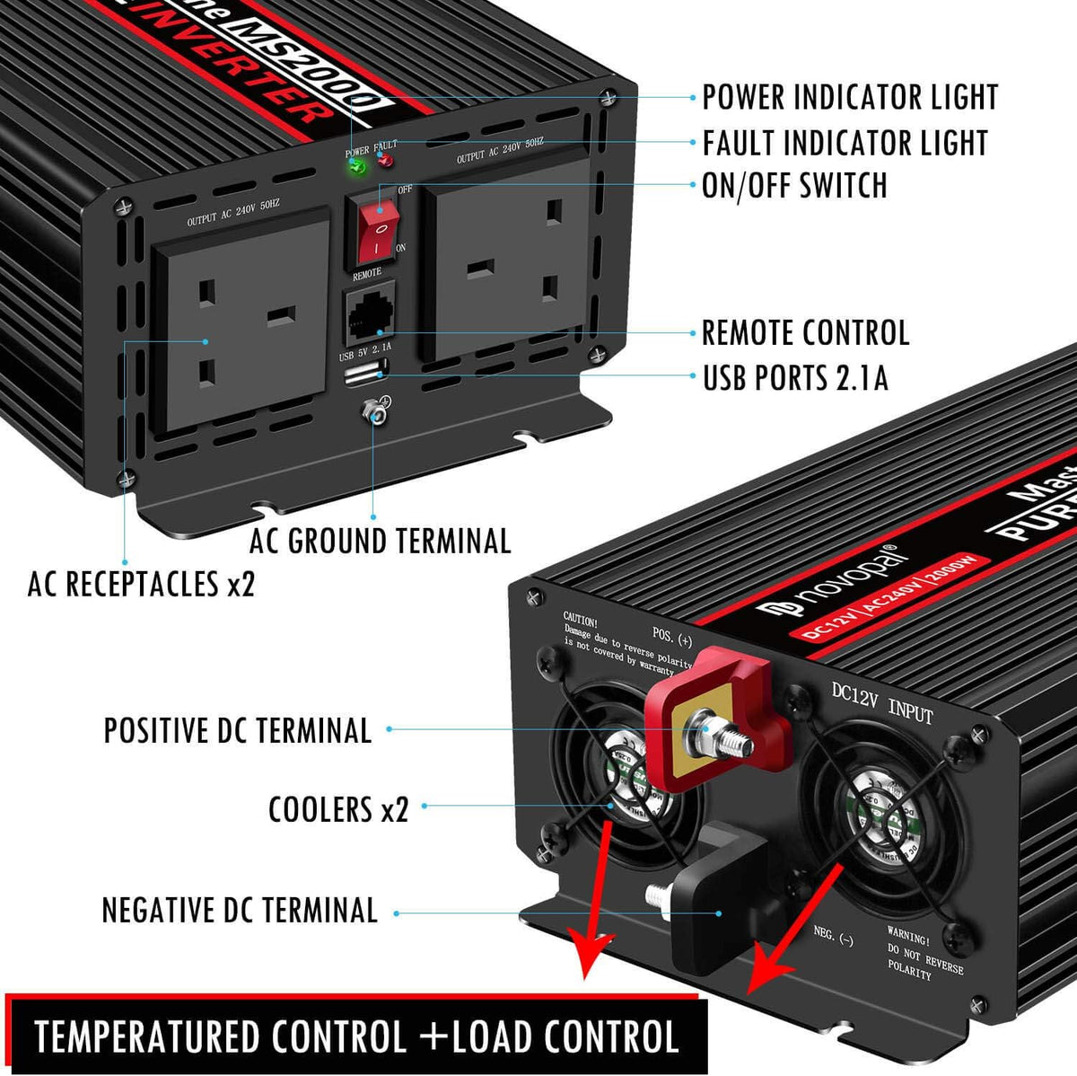 2000 Watt 12V DC to 110V AC Power Inverter with 4 AC Outlets C470838