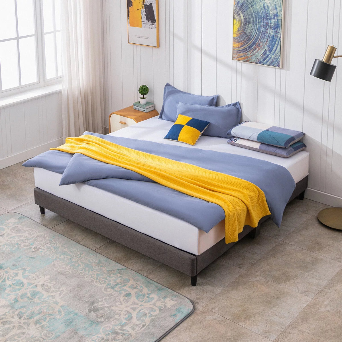 California King Size Linen Platform Bed Frame with Wood Slat Support N118