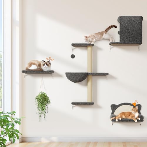 Cat Wall Shelves 4-in-1 Climbing Wall Furniture Set with Scratching Posts, Cat Bed & Sofa, Gray Z1048