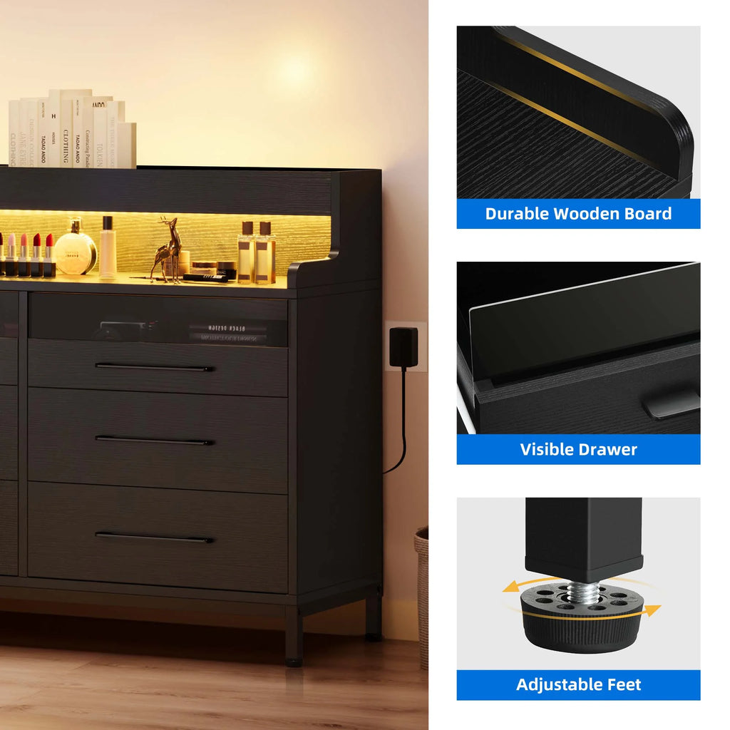 Black 6 Drawer Dresser with LED Light and Open Storage X295123