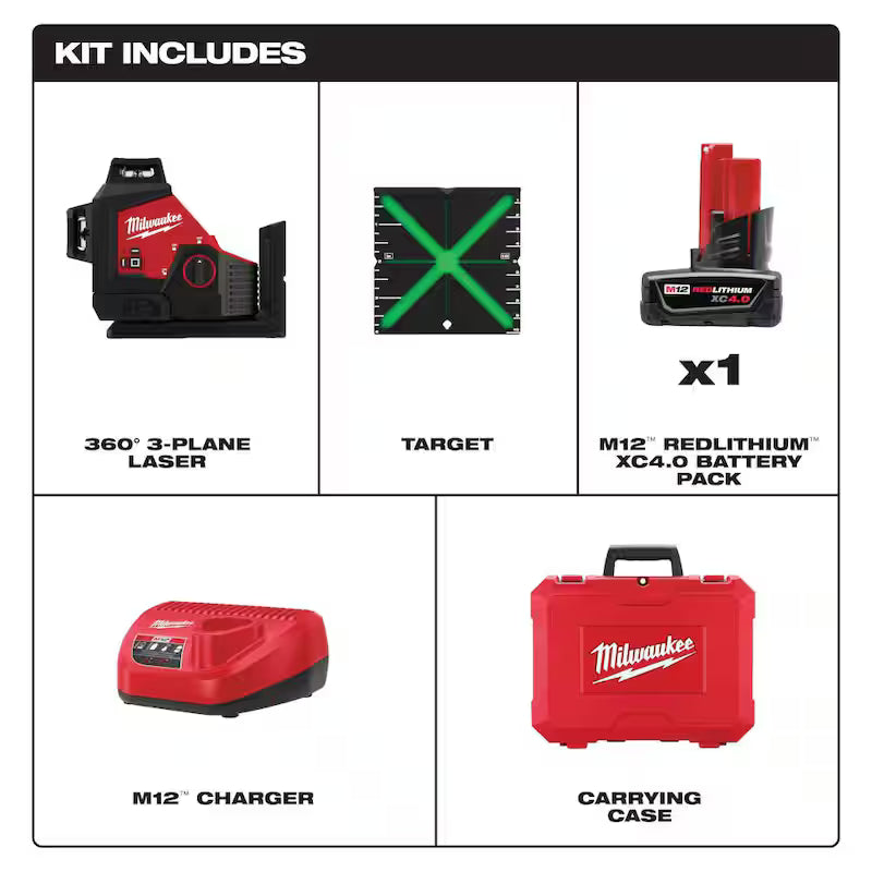 12-Volt Cordless Green 3-Plane Laser Level Kit W21246