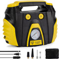 Portable Tire Inflator 12 V Air Compressor Pump with Dual Power, 3 Air Nozzle and Carrying Case, Yellow Q8656