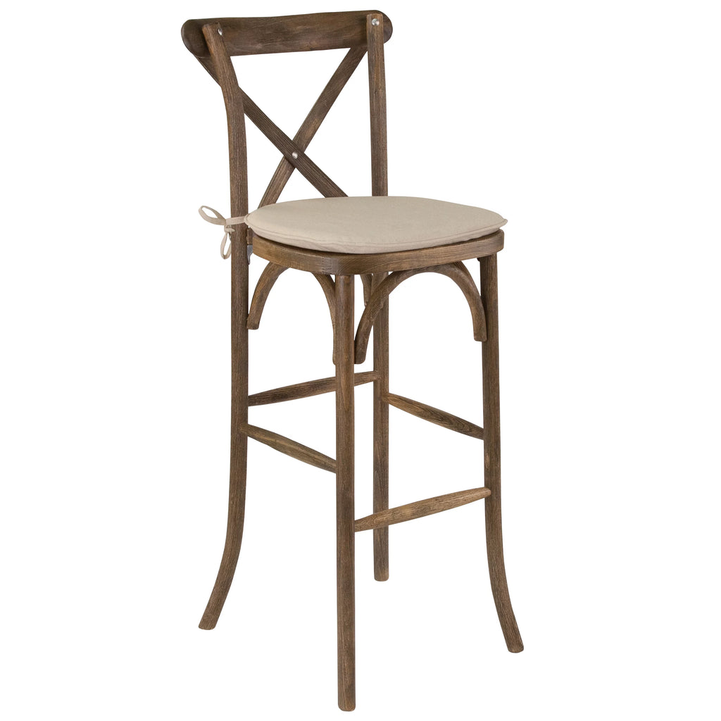 Dark Antique Wood Cross Back Barstool with Cushion P34497