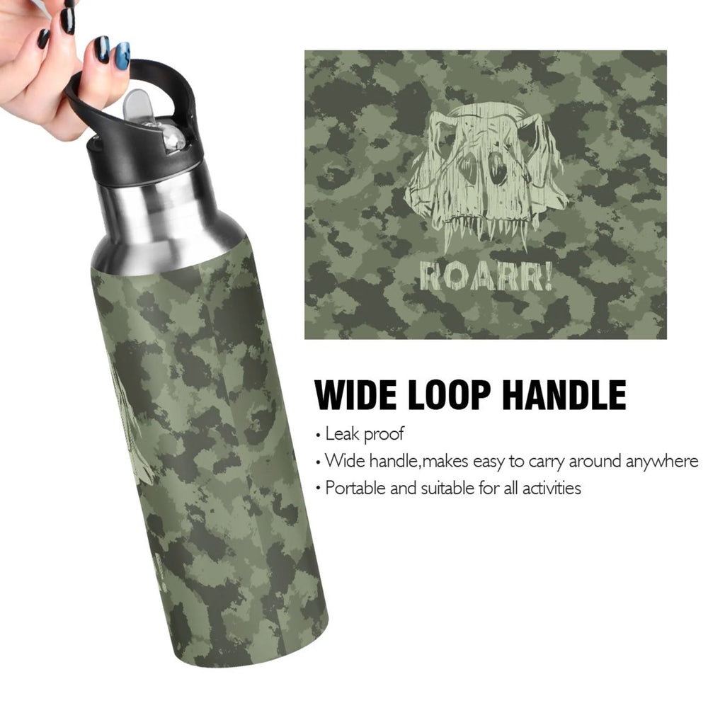 Green Camouflage Dinosaurs Stainless Steel Water Bottle with Straw Lid 20 OZ L741