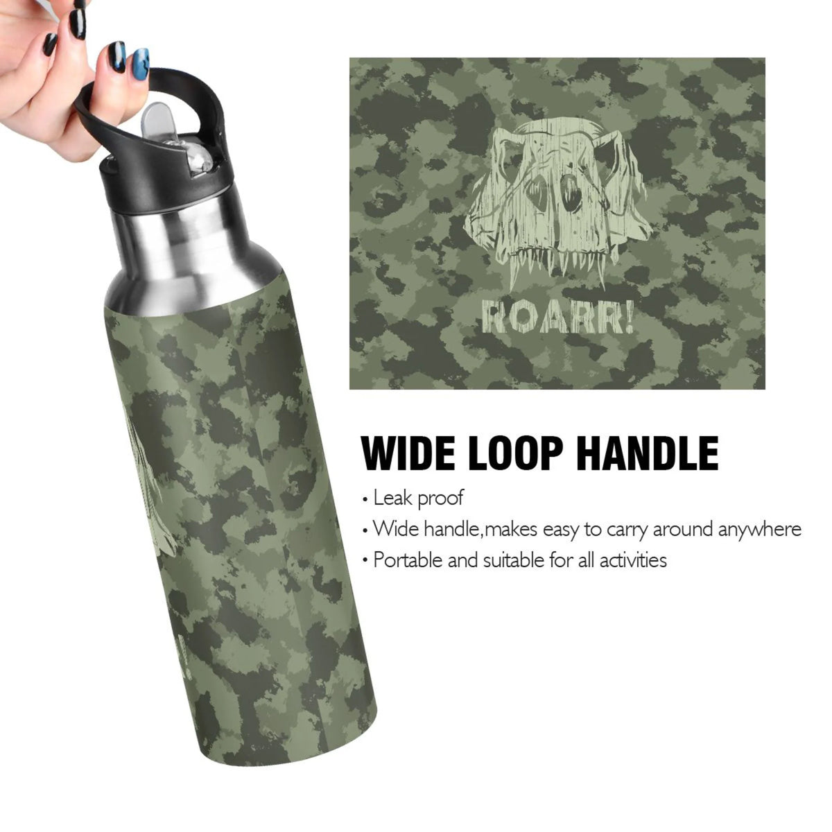 Green Camouflage Dinosaurs Stainless Steel Water Bottle with Straw Lid 20 OZ L741