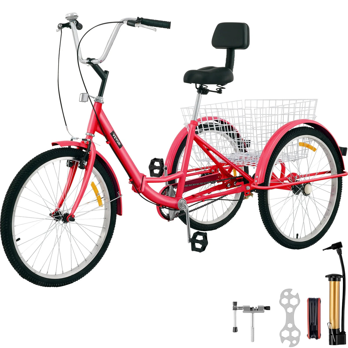Foldable Tricycle 24 inch Wheels Red Trike with Basket G66025