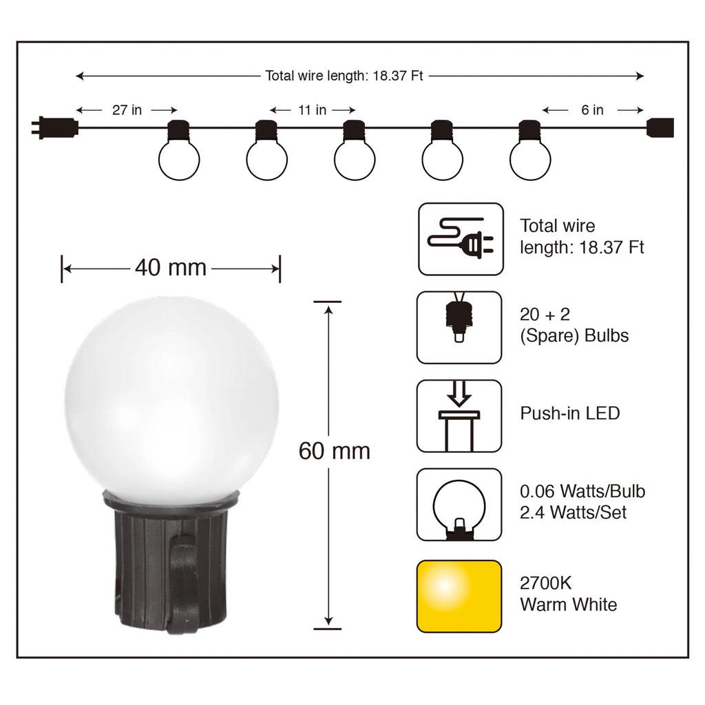 20-Count LED Frosted Globe Outdoor String Lights W266