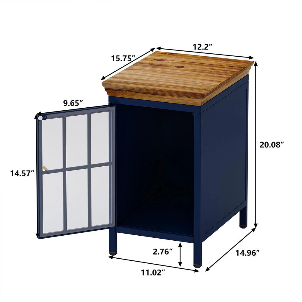 Nightstand with Storage Cabinet & Solid Wood Tabletop, Dark Blue N317
