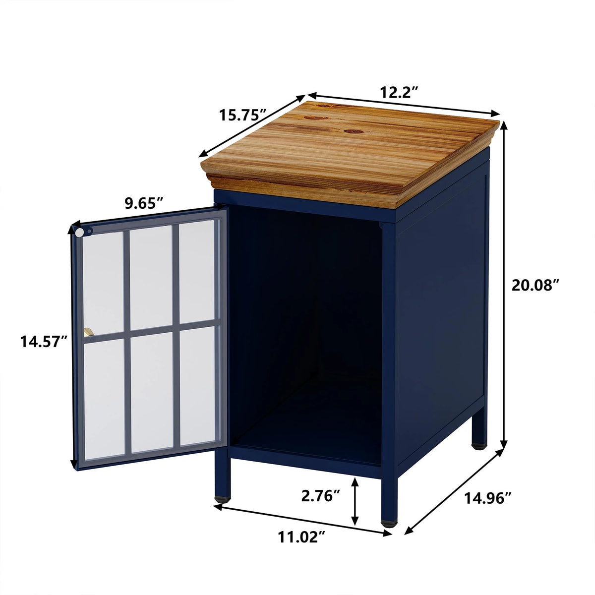 Nightstand with Storage Cabinet & Solid Wood Tabletop, Dark Blue N317