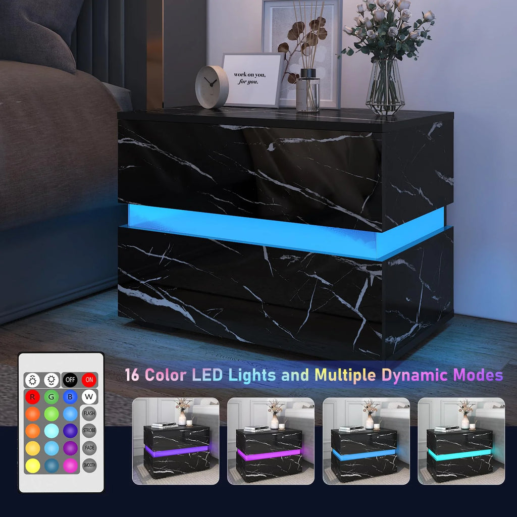 Black High Gloss LED Nightstand Set of 2 with 2 Drawers W958