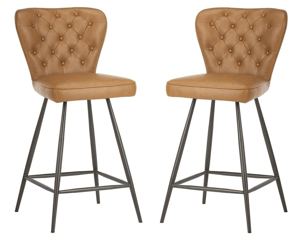 Camel Leather Tufted Swivel Counter Stool Set of 2 D5495