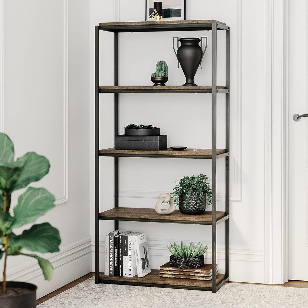 Gold/White 5-Shelf Bookcase with Metal Frame and Wood Shelves N337606