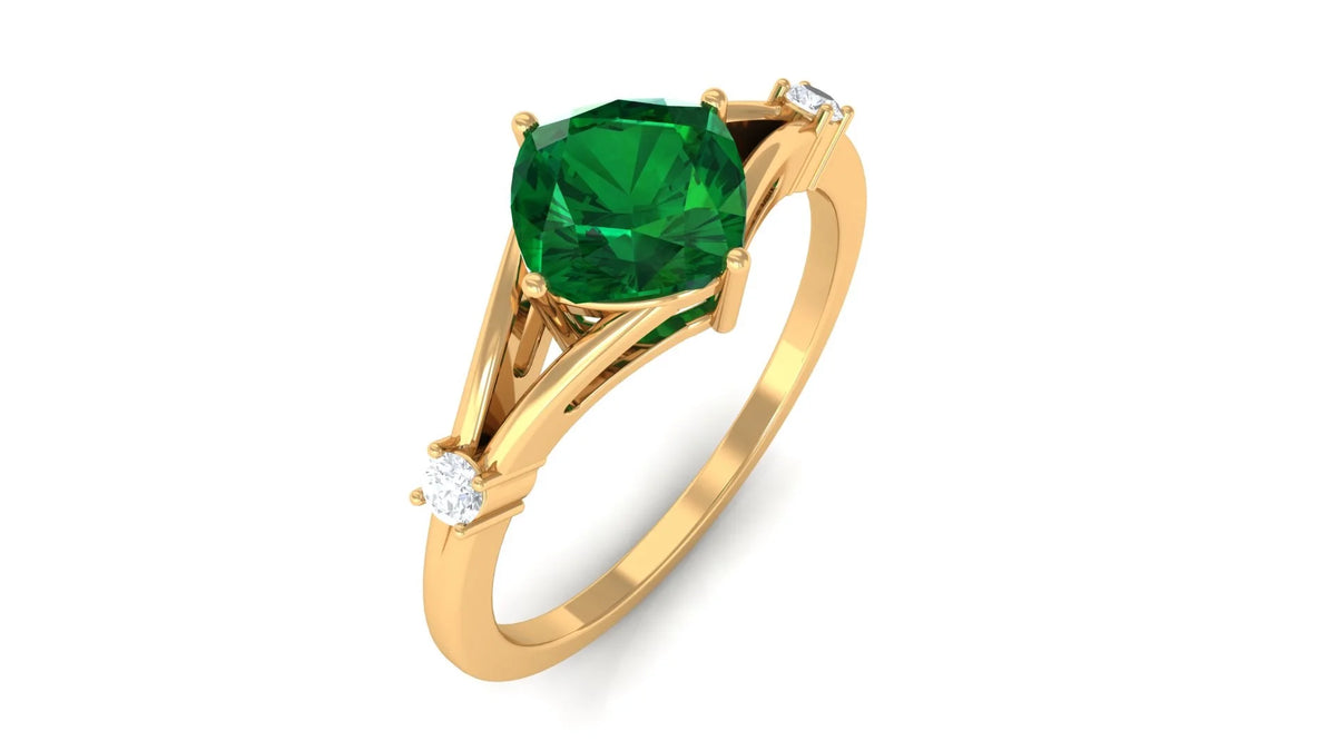 Cushion Cut Lab Grown Emerald Solitaire Ring with Diamond, 14K Yellow Gold, US 9.50 E20394