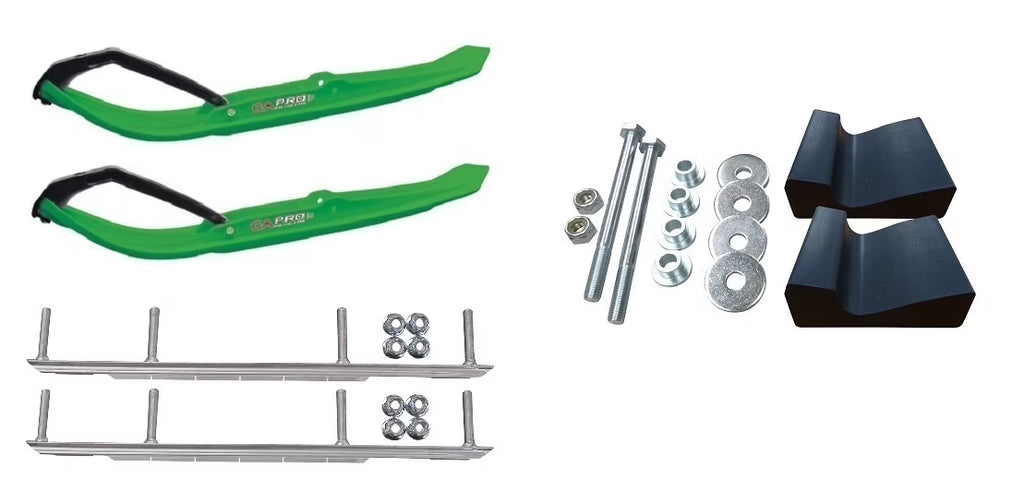 Green MTX Snowmobile Skis with 9" Shaper Bars Complete Kit M137