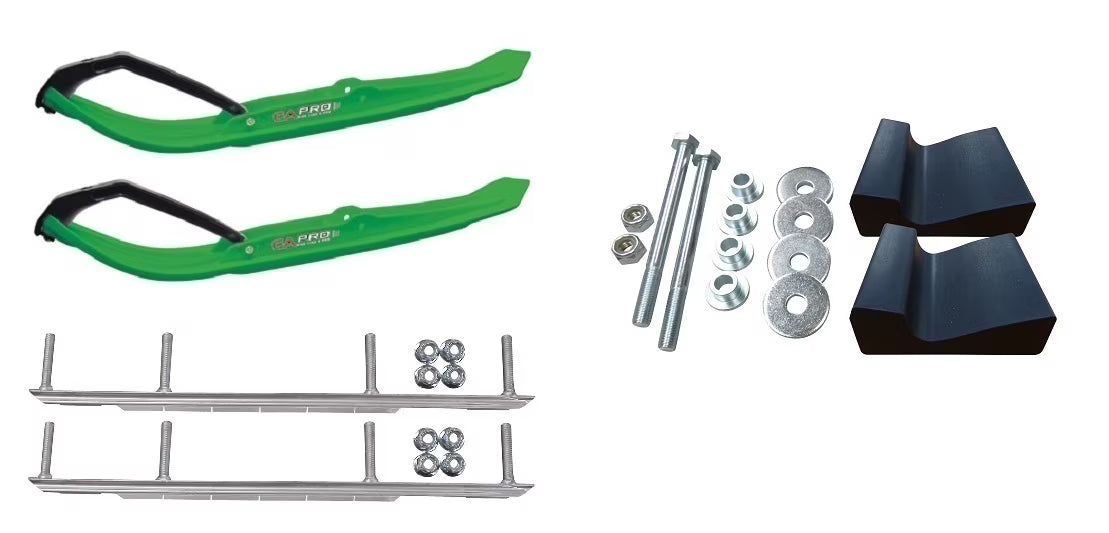 Green MTX Snowmobile Skis with 9" Shaper Bars Complete Kit M137