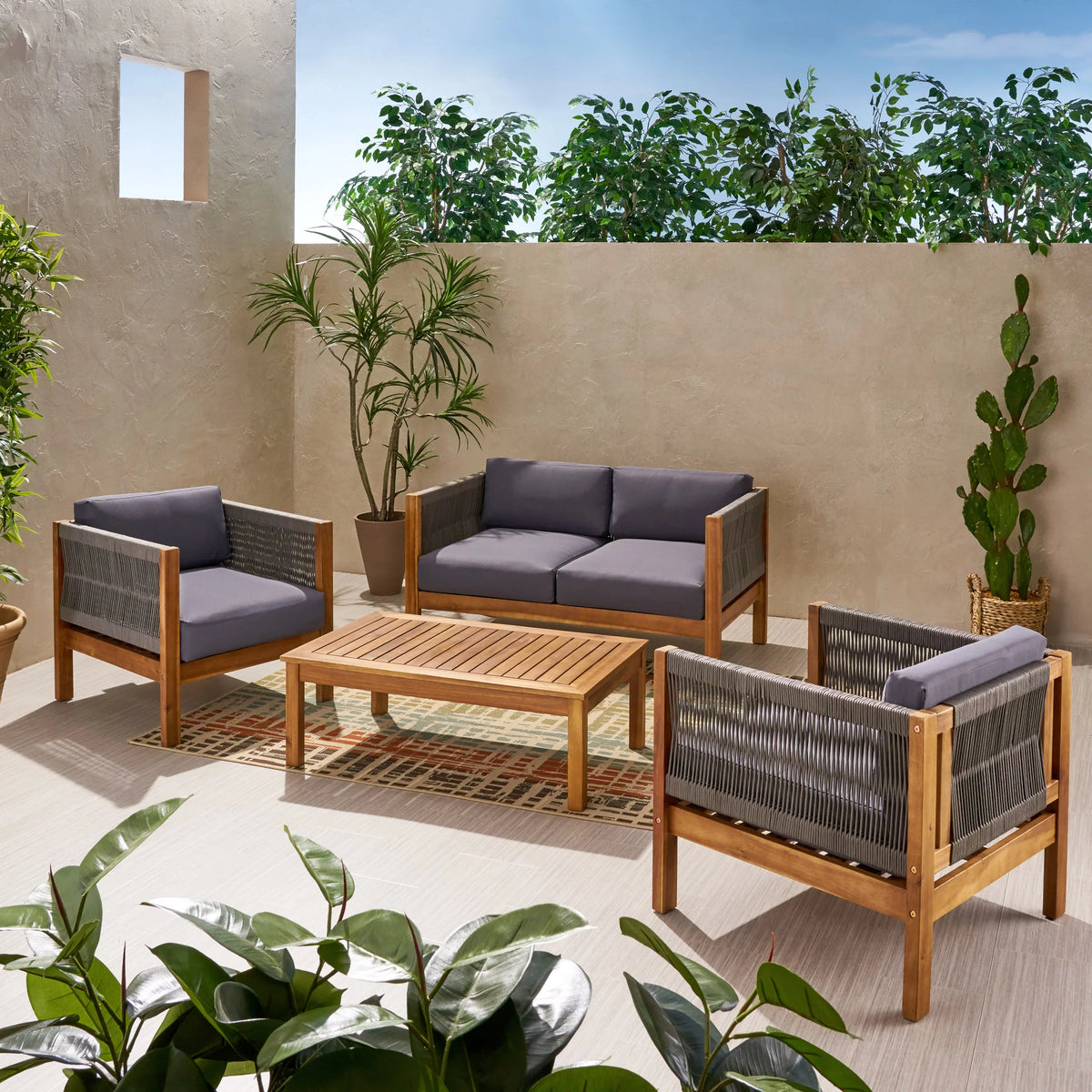 Acacia Wood and Rope 4 Seater Chat Set with Cushions N277