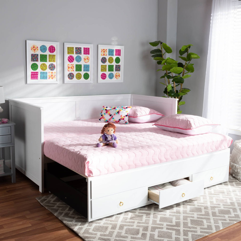 White Finished Wood Expandable Twin Size to King Size Daybed with Storage Drawers T458