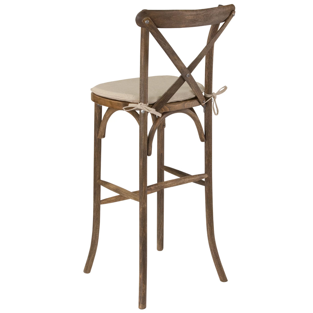 Dark Antique Wood Cross Back Barstool with Cushion P34497