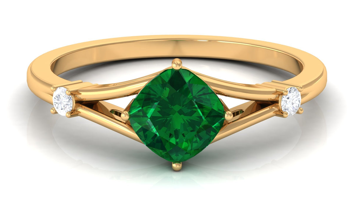 Cushion Cut Lab Grown Emerald Solitaire Ring with Diamond, 14K Yellow Gold, US 9.50 E20394