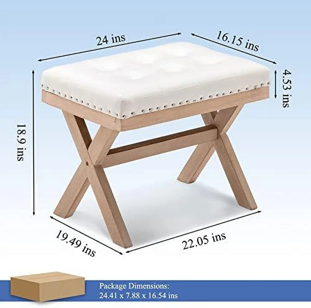 Burlap Linen Fabric Upholstered Bench Ottoman with X-Shaped Wooden Legs V2285