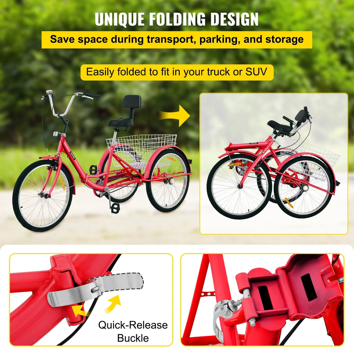 Foldable Tricycle 24 inch Wheels Red Trike with Basket G66025