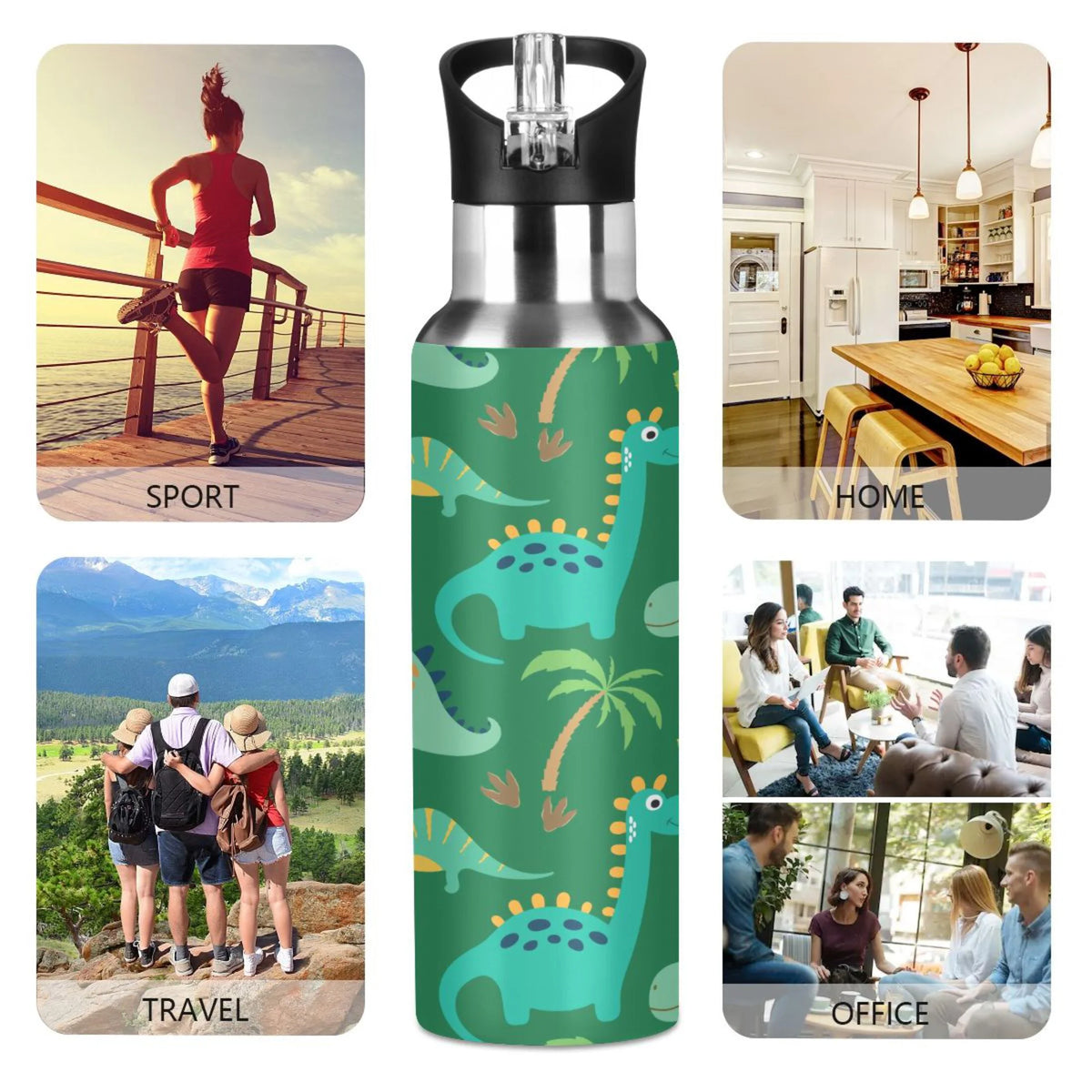 Dinosaur Green Stainless Steel Insulated Water Bottle with Straw Lid P186598