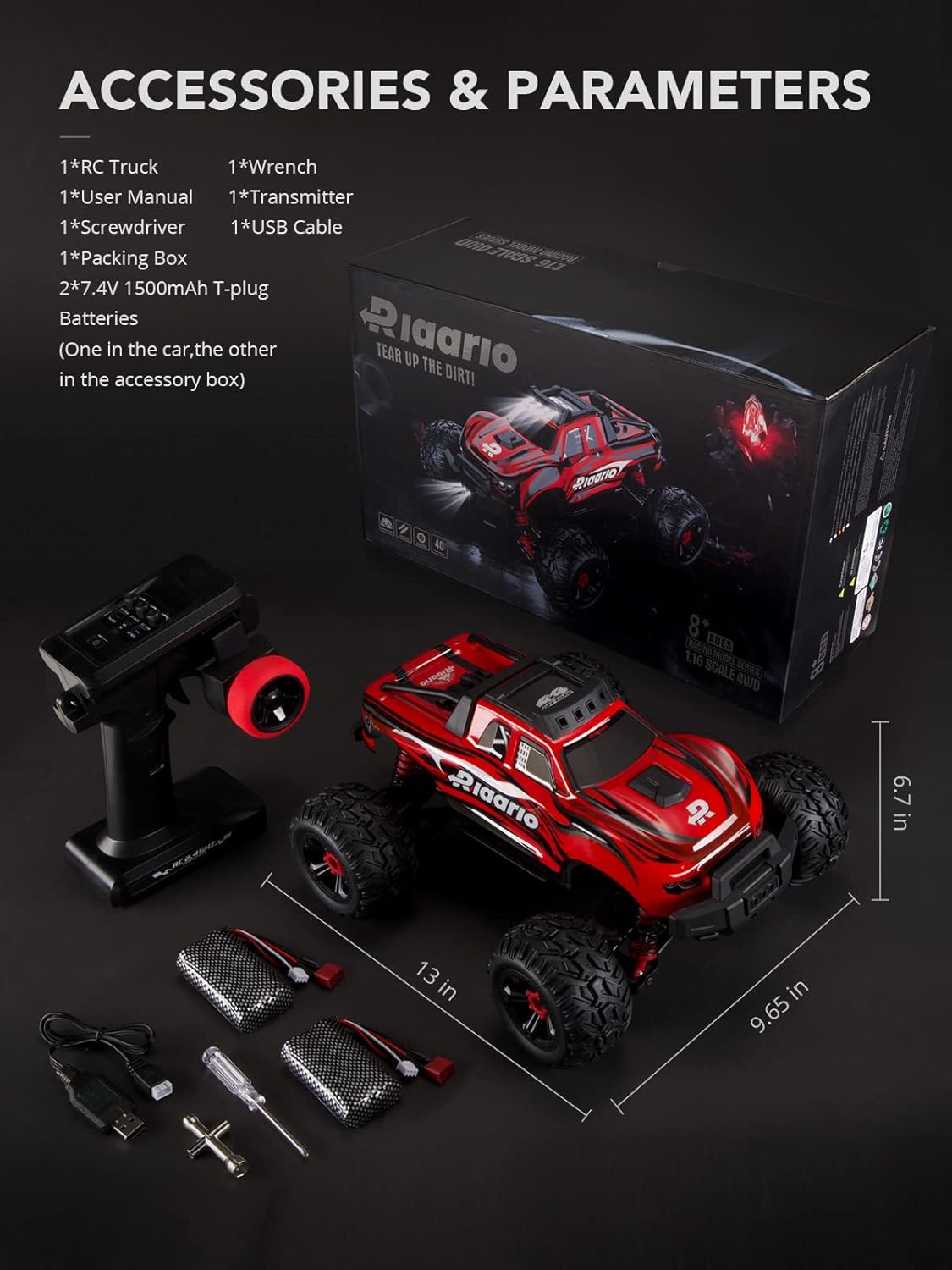 Red Black White 1:16 RC Monster Truck with 2 Batteries P3938