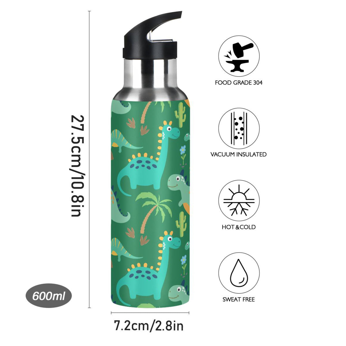 Dinosaur Green Stainless Steel Insulated Water Bottle with Straw Lid P186598