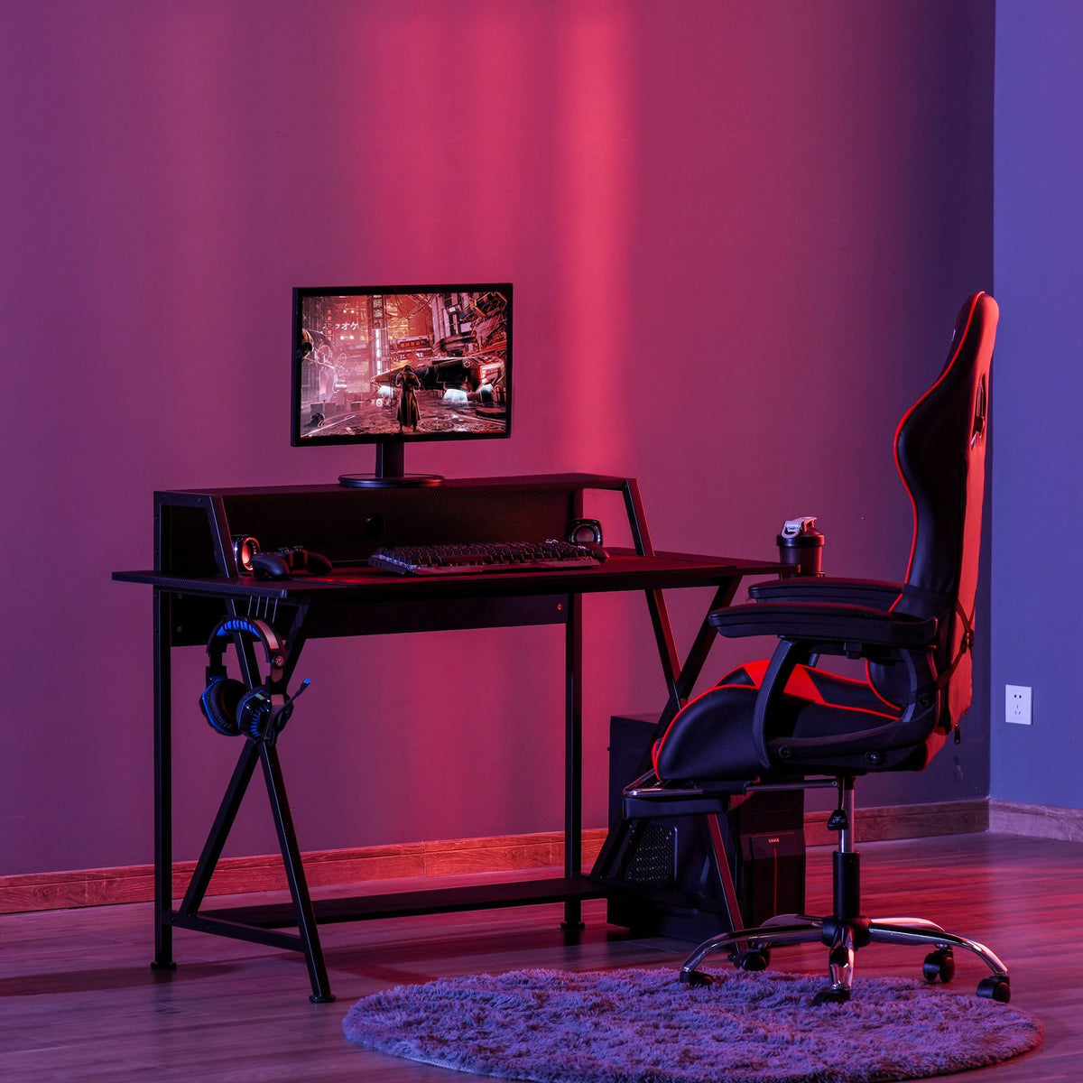 Black Gaming Desk with Monitor Shelf and Cup Holder P29648