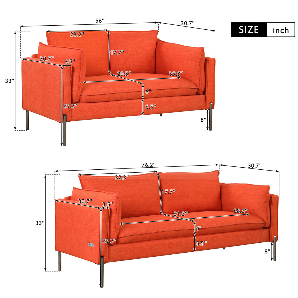 Orange Linen Loveseat and 3 Seat Couch Set G420